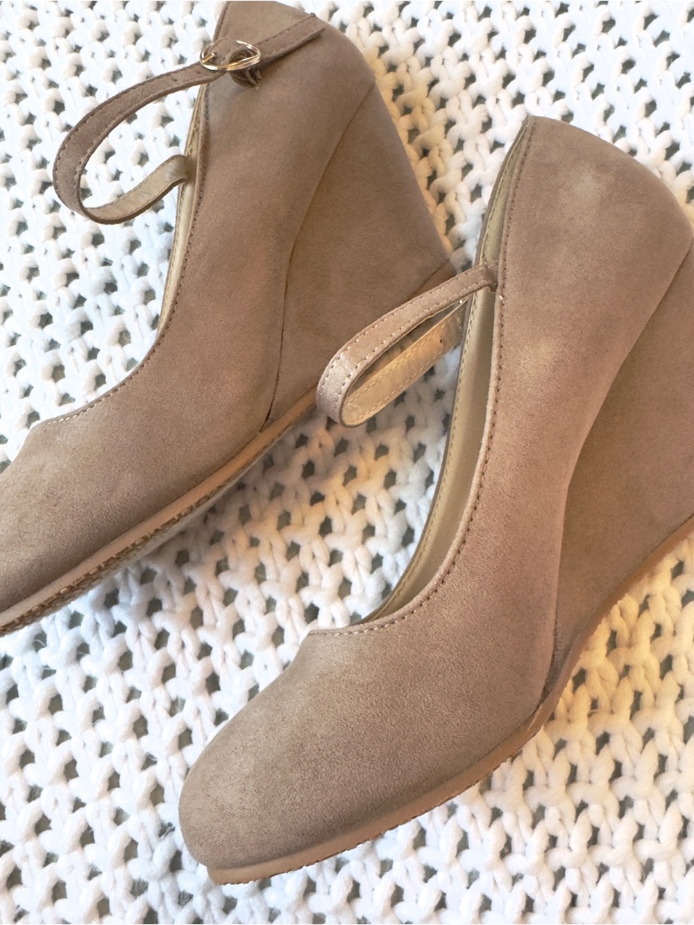 Bella Marie Taupe Suede Wedge Pumps with Ankle Strap